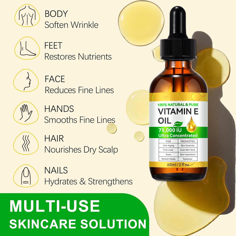 Vitamin E Oil 75,000 IU - 100% Natural and Pure Vitamin E Oil for for Plump Skin, Reduce Fine Lines & Scars, Moisturizing Skin, for Skin, Scars, Face & Full Body-2 Fl Oz