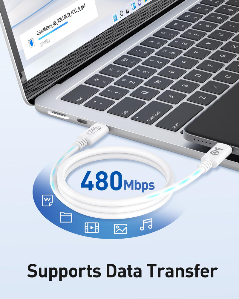 Cable Matters [USB-IF Certified] 240W USB C Cable 3.3 ft in White for MacBook Pro, iPad Pro, iPhone 15 Pro, Apple Vision Pro (140W USB C Charger Cable, USB C Charging Cable, USB 2.0, No Video) - BeesActive Australia