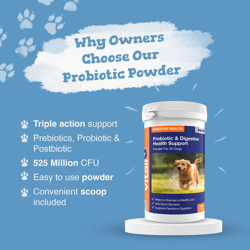 Zipvit Probiotics for Dogs, Daily Dog Probiotic Powder for Gut Health and Digestion, 525 Million CFU per Serving, with Prebiotics and Postbiotics, 150g