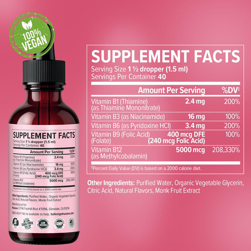 NUSAVA (4 Pack) Vitamin B12 Liquid Drops 5000mcg - B12 Sublingual with B6 & Vitamin B Complex - Methylcobalamin B12 Drops for Women & Men -Vegan Supplement, Non-GMO, Strawberry (2 Fl Oz, 160 Servings) 2 Fl Oz (Pack of 4)