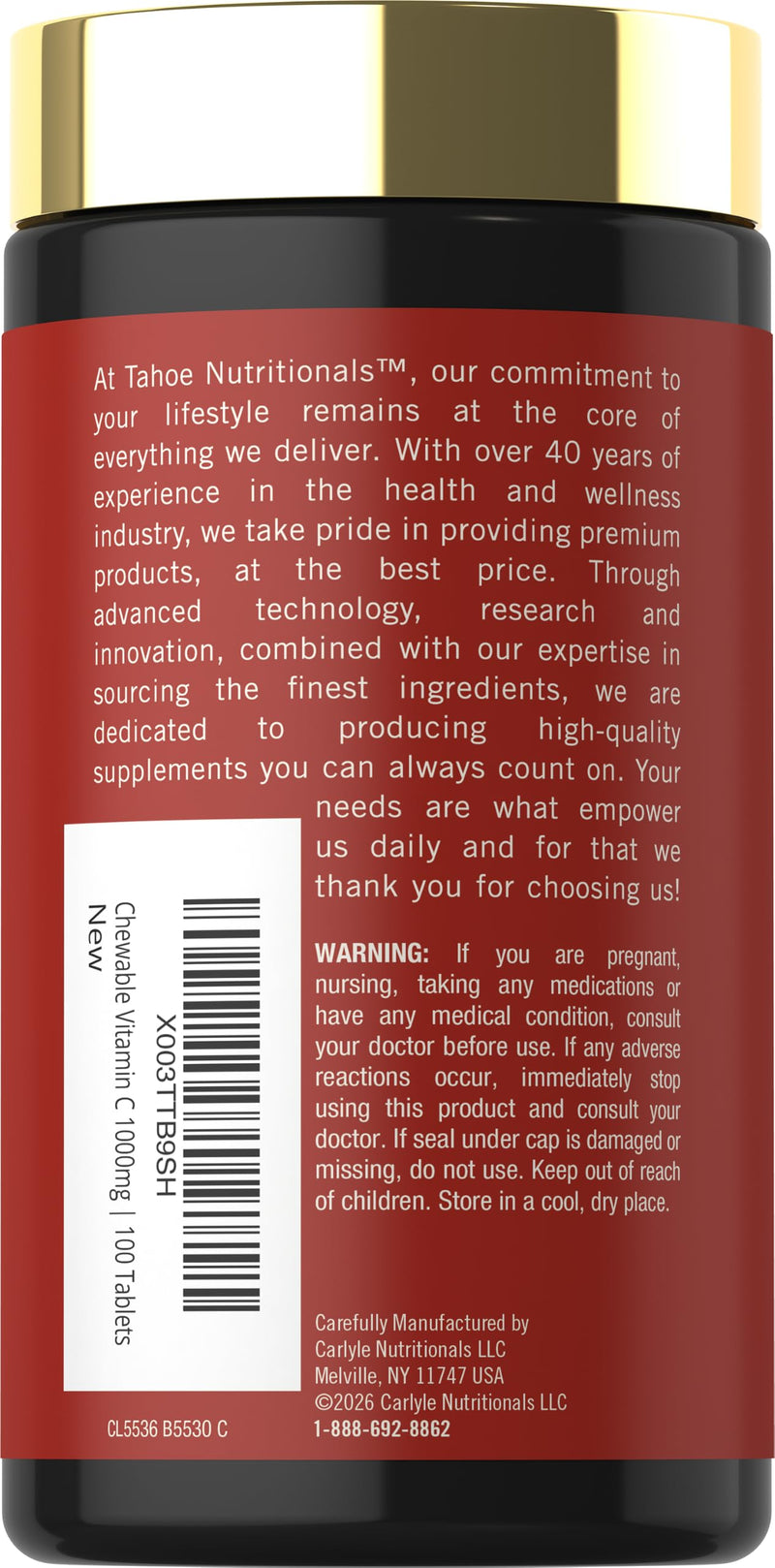 Carlyle Vitamin C Chewables | 1000mg | 100 Tablets | Natural Orange Flavor | Vegetarian, Non-GMO & Gluten Free Supplement | Tahoe Nutritionals