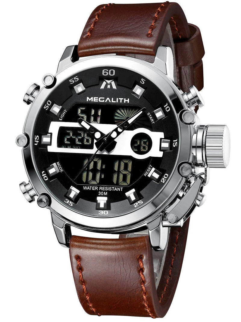 MEGALITH Mens Watches Waterproof Digital Military Sport Tactical Multifunction Heavy Duty Led Rugged Watch for Men, Alarm Stopwatch, Nylon/Leather Strap 4-Brown Silver