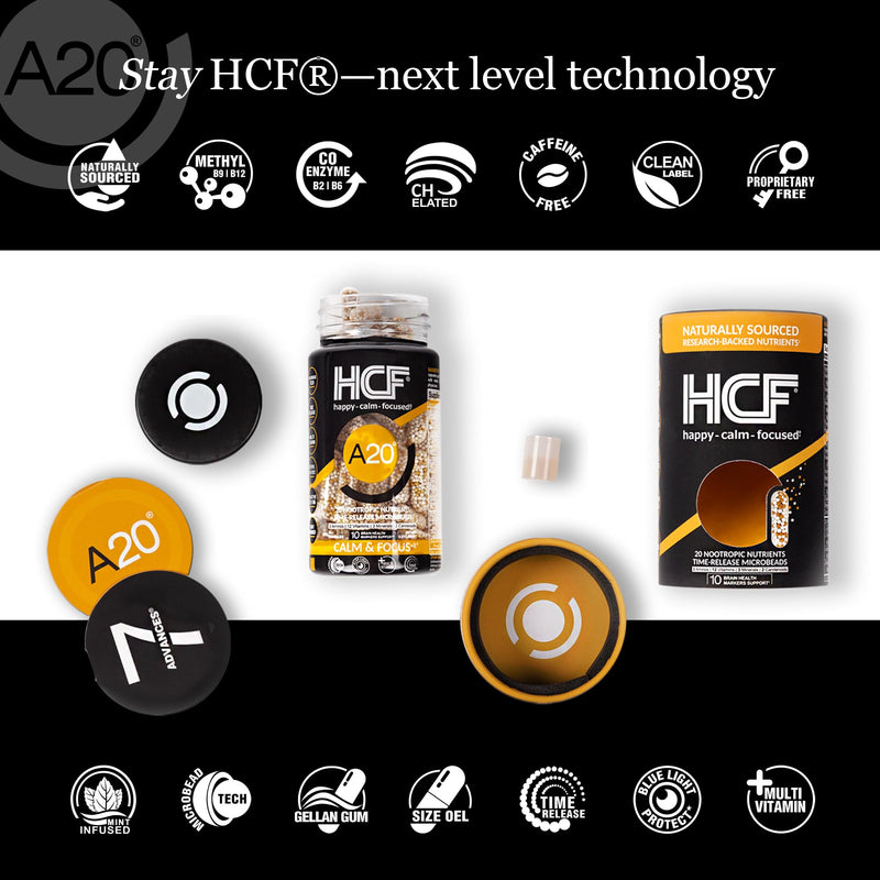 HCF A20 Microbead Brain Health Supplements for Adults for Memory, Focus, Calm, Mood, Alertness, Attention, Vision, Sleep, Immune System, 20 Premium Nootropic Nutrients Multivitamin & 7 Advances® Tech 90 Count (Pack of 1)