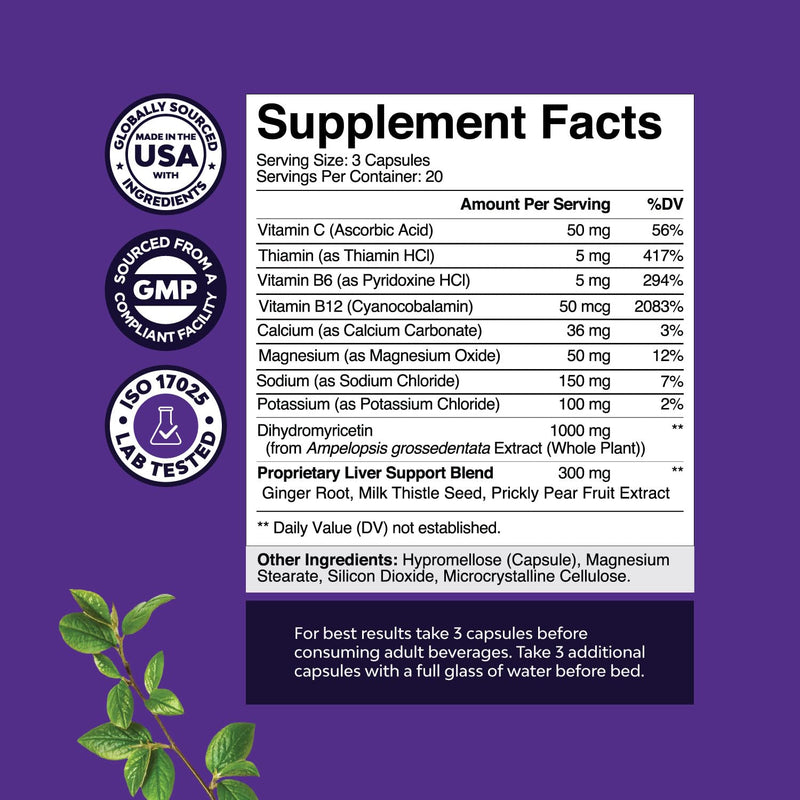 Nighttime Liver Detox & Hydration Pills - Pre and Post Drinking Recovery Liver Support Supplement for Better Mornings with DHM Dihydromyricetin Milk Thistle Extract and Electrolytes - 60 Count 60 Count (Pack of 1)