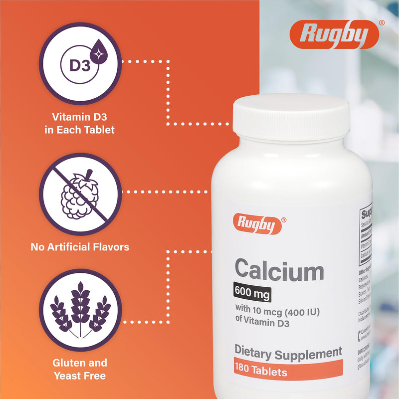 Rugby 600mg Calcium Tablets - Made with 10mcg (400IU) of Vitamin D3 - Dietary Supplement - 180 Count (1 Pack) 1 Count (Pack of 180)