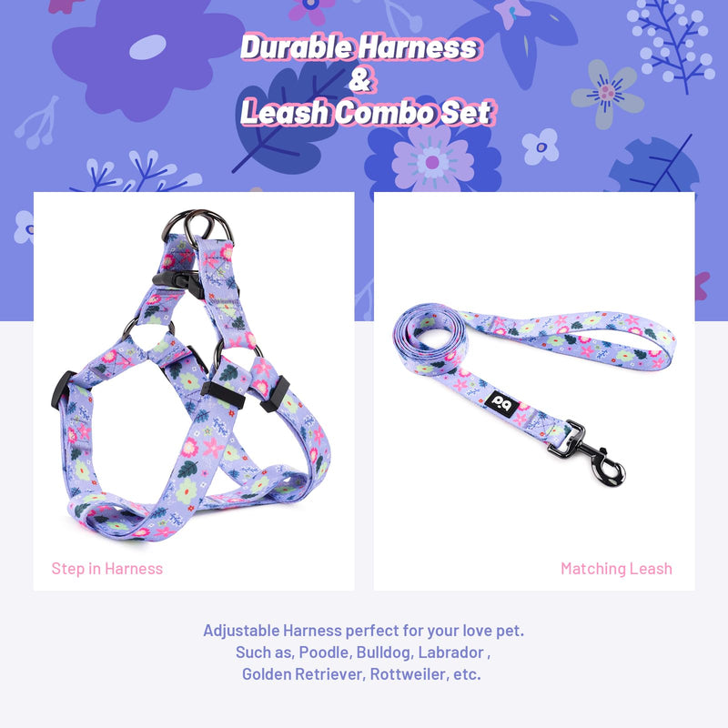 QQPETS Dog Harness Leash Set Adjustable Heavy Duty No Pull Halter Harnesses for Small Medium Large Breed Dogs Back Clip Anti-Twist Perfect for Walking L(23"-32" Chest Girth) Floral Purple - BeesActive Australia