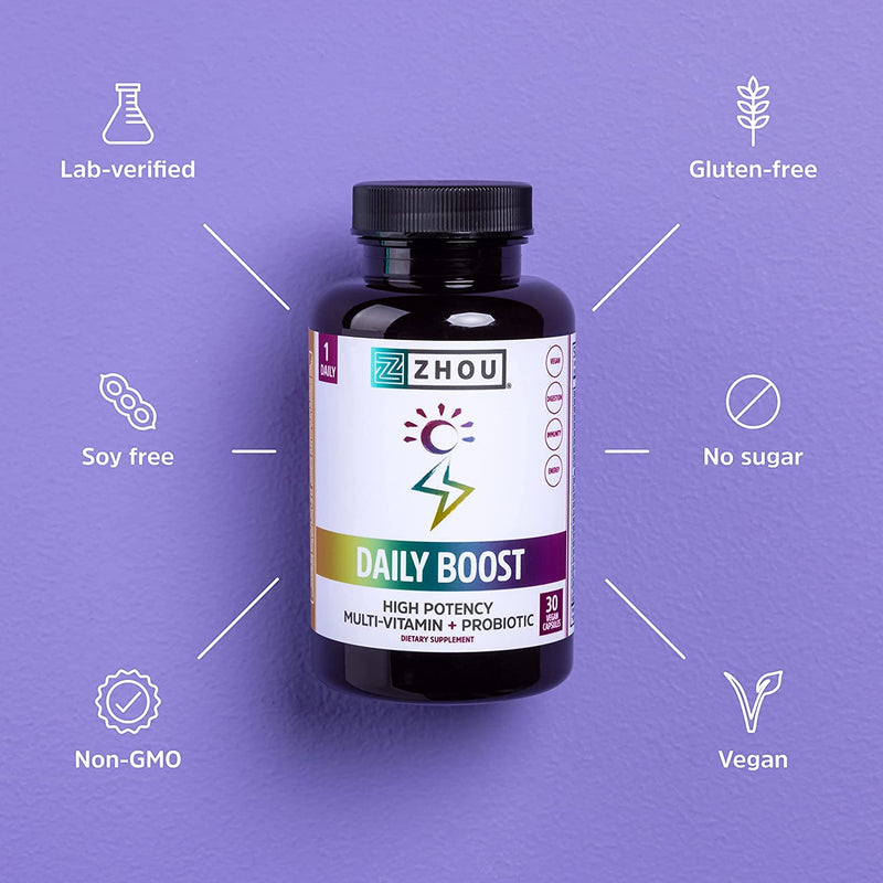 Zhou Daily Boost - Immune Support, Vitamin C - 30 Veggie Capsules | Probiotic Multivitamin for Women & Men, Antioxidant & Eye Health Supplement with Vitamin A, Biotin & Folate for Adults 60 Count (Pack of 1)