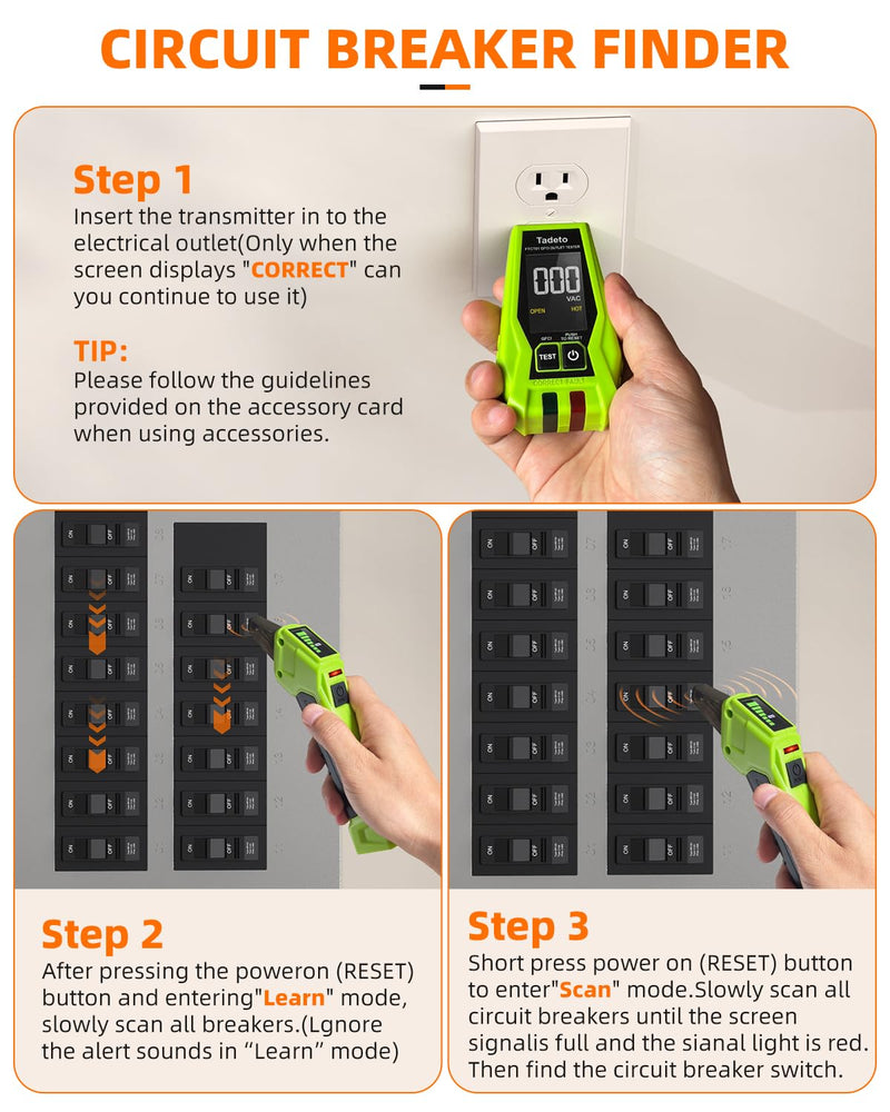 Tadeto Circuit Breaker Finder with Outlet Tester, Quick GFCI, Voltage, AC 90-135V Electrical Circuit Tracer with Dual LCD Display, Batteries and Carrying Case