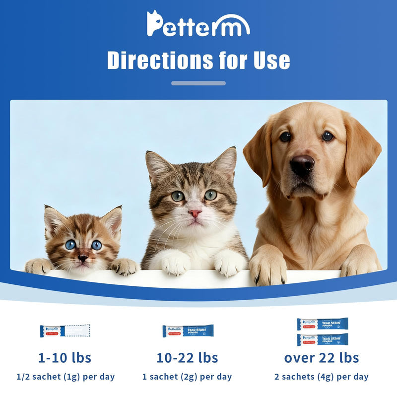 PETTERM Tear Stain Powder for Dogs and Cats - Internal Eye Health Supplement with 6 Billion CFU Probiotics & Lactoferrin - 15 Pre-Measured Sachets, Picky Eater Approved Chicken Flavor (1.06oz)