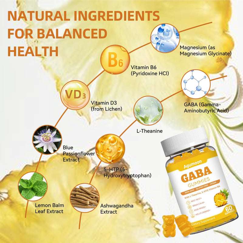 2 Pack GABA Gummies for Women & Men - Sugar-Free GABA Supplement Gummies with L-Theanine, 5-HTP, Ashwagandha, Magnesium Glycinate, Vitamin B6, Vitamin D3 - Pineapple Flavor, Vegan, 120 Gummies