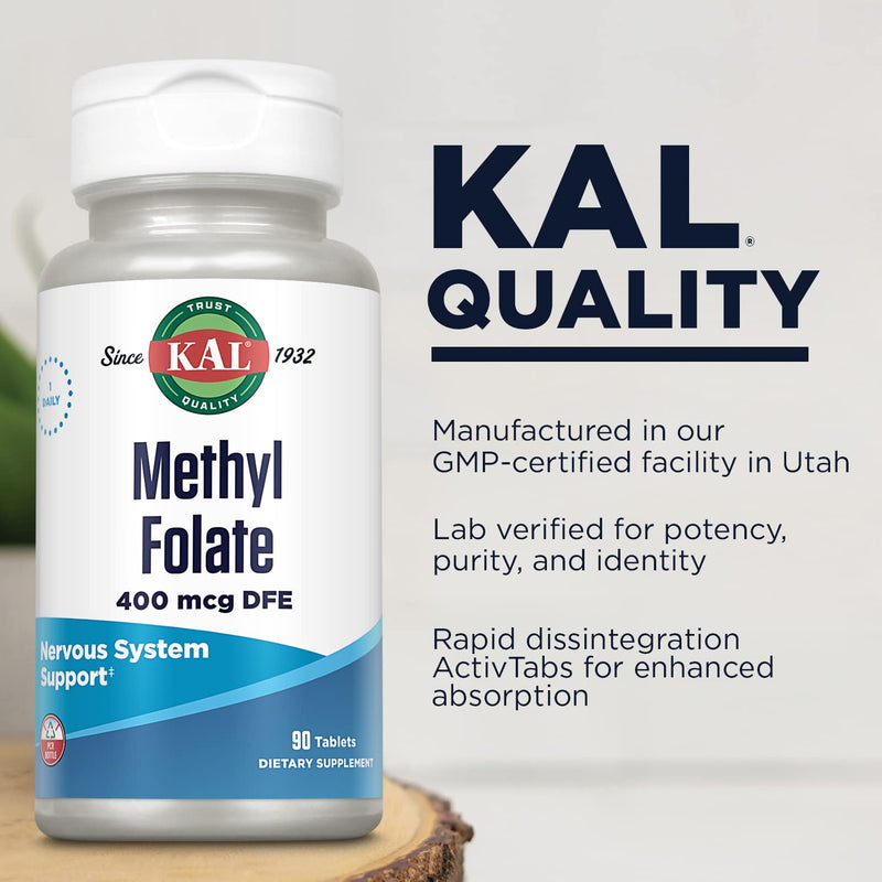 KAL Methyl Folate 400 mcg, 5-MTHF Active Form, 90 Tablets | Folic Acid Supplement for Women and Men - Supports Nervous System Health and Red Blood Cell Production Unflavored 90 Count (Pack of 1)