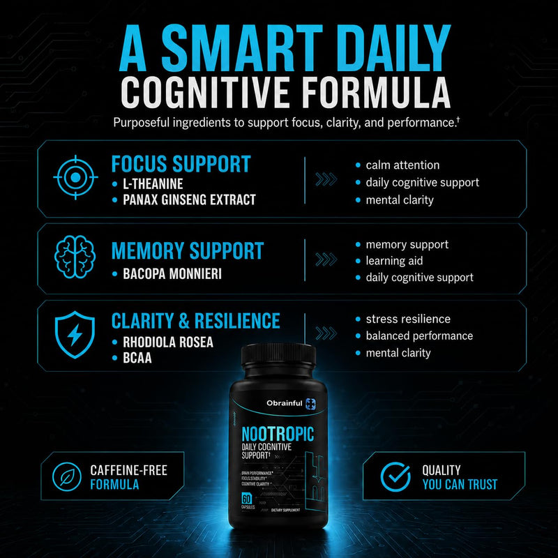 Nootropic Brain Support Supplement | Caffeine-Free Focus & Memory Formula with BCAAs, Bacopa & L-Theanine | Daily Cognitive Wellness & Mental Clarity for Adults | 60 Capsules
