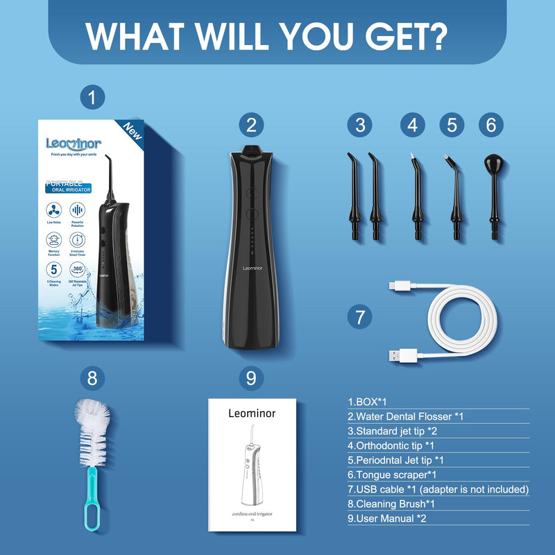 Leominor Water Dental Flosser - 5 Modes Cordless Portable Oral Irrigator, IPX7 Waterproof, Rechargeable Teeth Cleaner Upgrade Datchable Tank Professional Flossing Cleaning Pick for Home Travel (Black) 230ml Black