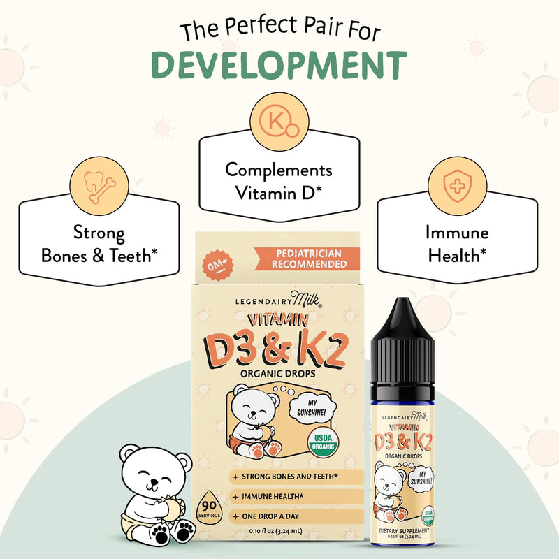 Legendairy Milk Organic Baby Vitamin D3 K2 Liquid Drops 400 IU 90 Servings | Plant based D3 plus K2 MK-7 for babies and toddlers in one daily drop; USDA Organic, vegan, sugar free and made lanolin-free.