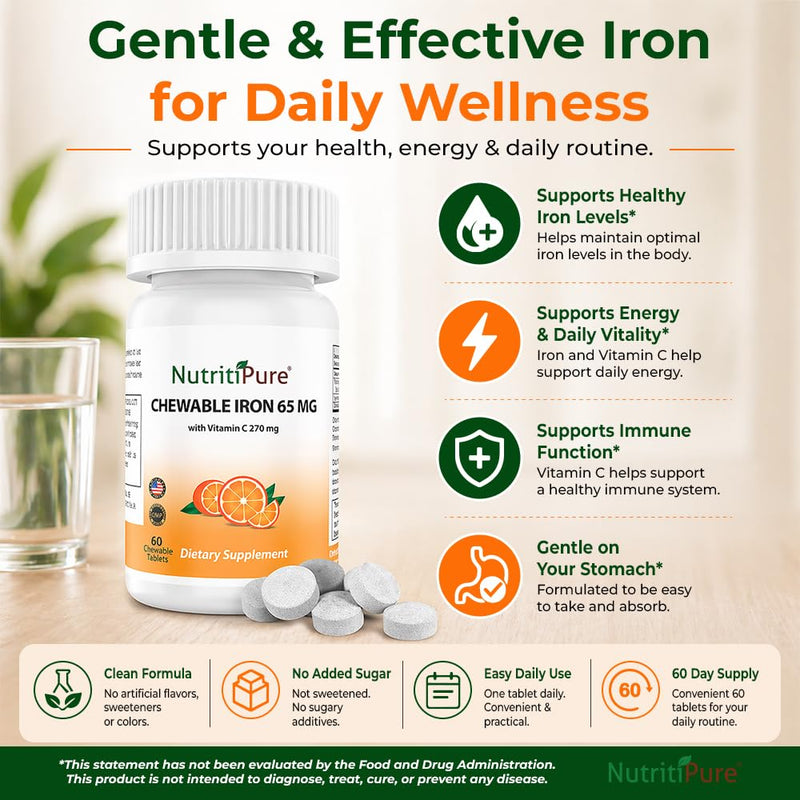 Chewable Iron 65 mg with Vitamin C, Sugar-Free – NutritiPure, 2-Pack 120ct | Bariatric-Friendly, 65mg Ferronyl Carbonyl Iron, 270mg Vitamin C, Orange Flavor, Non-GMO, GMP Certified, 120-Day Supply