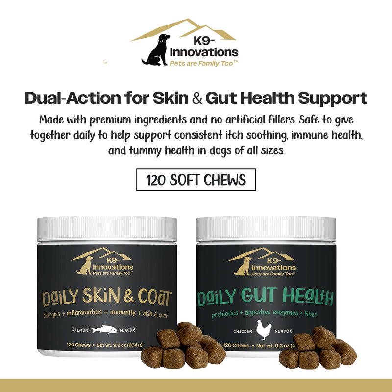 K9 Innovations - Daily Skin & Coat + Daily Gut Health Bundle - Salmon & Chicken Chews for Dogs - Soothes Itchy Skin, Immune & Gut Health Support - 2 x 120-Count Dog Chews