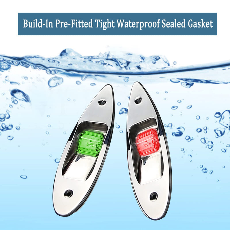 Marine Navigation Lights Red and Green Bow Light LED for Boat USCG 2 NM Waterproof 12 Volt Stainless Steel Side Flush Mounting 1 Pair