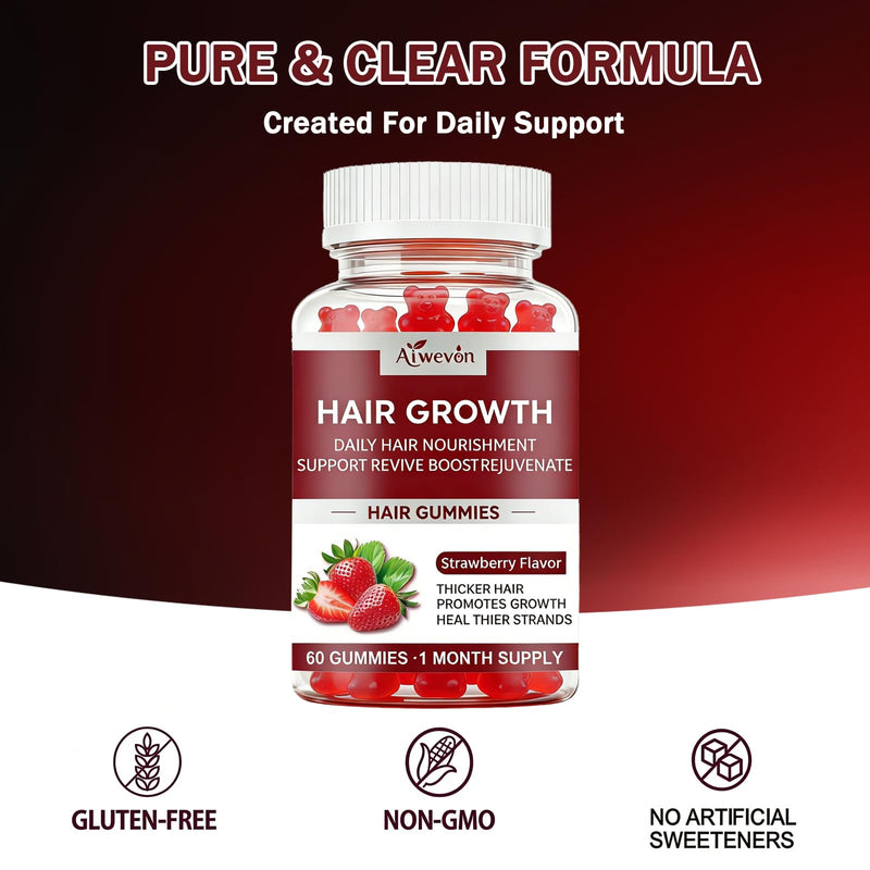 Hair Growth Gummies for Women & Men, Biotin & Silica Hair Vitamins, Daily Hair Nourishment Support for Thicker Looking Hair, Hair Skin and Nails Gummies, Non-GMO, Strawberry Flavor, 60 Gummies