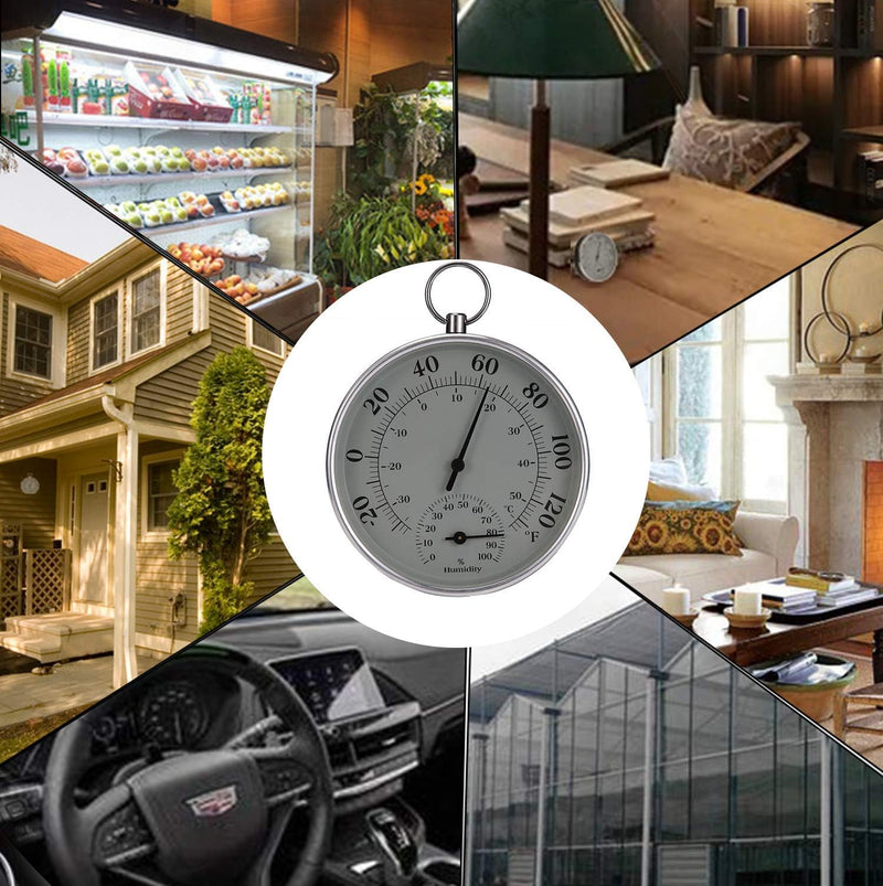 Indoor Outdoor Thermometer - Weather Dial Hygrometer Thermometer, No Battery Required Hanging Hygrometer for Wall, Table, Car, Greenhouse or Decorative, Round 4" in Diameter Gray