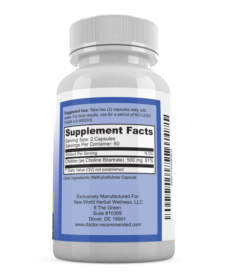 Premium Choline - 500 mg - 120 Veggie Capsules - Supports Cognitive Health, Memory & More - 2 Pack 120 Count (Pack of 2)
