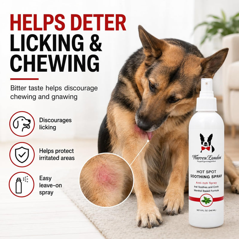 Warren London Dog Hot Spot Soothing Spray, Cooling Anti-Itch Spray with Menthol, Bitter Lick & Chew Deterrent for Dry Itchy Skin & Irritated Areas, Made in USA, 8 oz