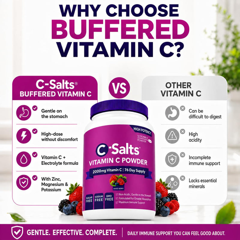 C-Salts Buffered Vitamin C Powder - Pure Organic, Stomach Friendly Ascorbic Acid VIT C Drink for Daily Immune Support & Collagen Production - Vegan Non GMO Sugar Free - 84 Servings Mixed Berry, 8oz 8 Ounce (Pack of 1)