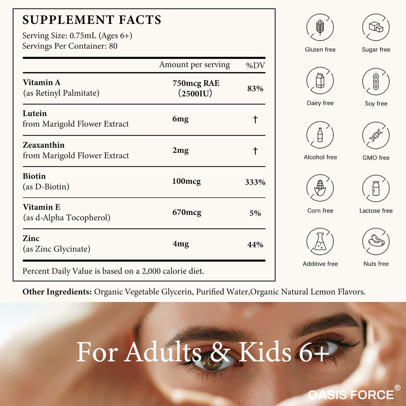 6 in 1 Vitamin A Liquid Drops with Lutein & Zeaxanthin, Vita A Retinyl Palmitate for Skin, Vision & Immune Support, Adults & Kids Ages 6+, Vegan, Non-GMO, 2 Fl Oz