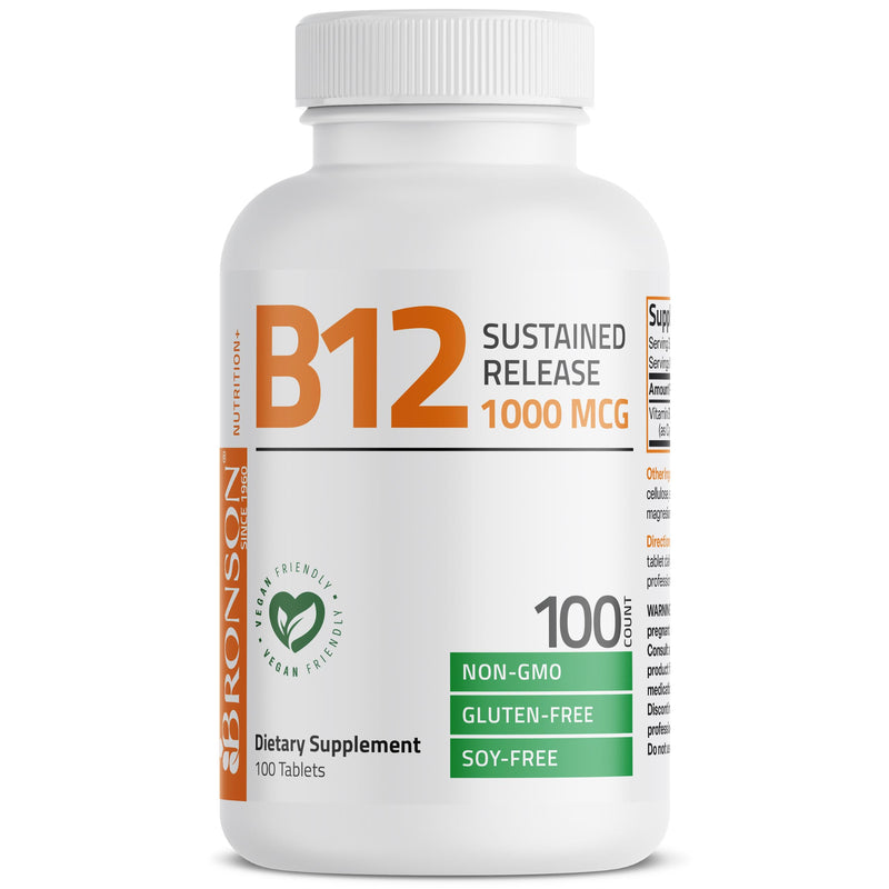 Bronson Vitamin B12 1000 mcg Sustained Release, Energy Support, 100 Tablets | Healthy Brain Function & Nervous System Support, Vegan, Non-GMO, Gluten-Free & Soy-Free 100 Count (Pack of 1)