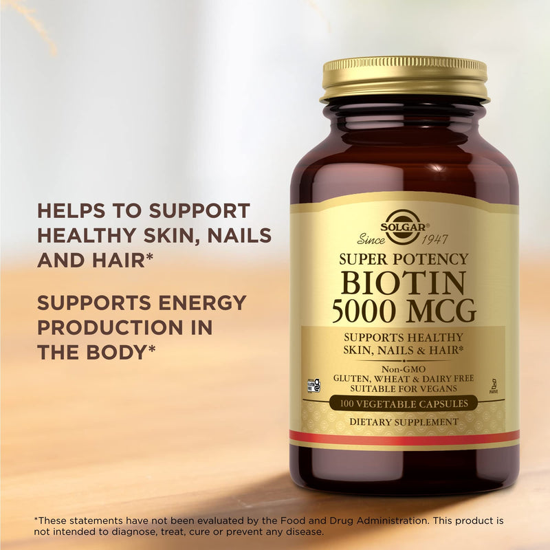 Solgar Biotin 5000 mcg - 100 Vegetable Capsules - Supports Healthy Skin, Nails & Hair - Non-GMO, Vegan, Gluten Free, Dairy Free, Kosher - 100 Servings 1 Count (Pack of 100)