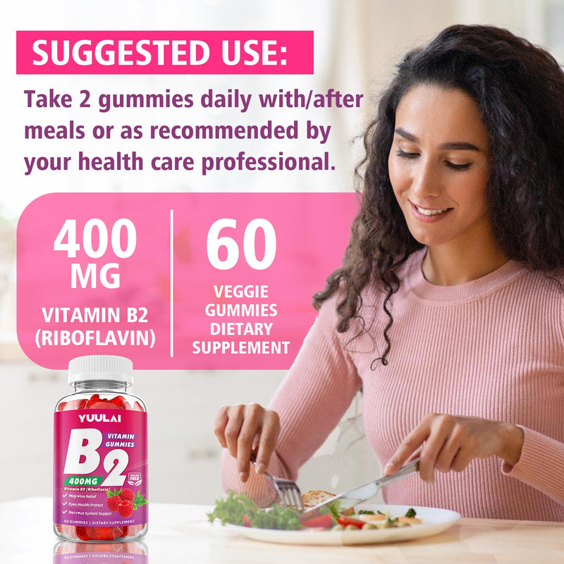 Vitamin B2 Gummies 400mg | Riboflavin Supplement with Magnesium for Kids & Adults, B2 Gummies for Migraine Relief, Nervous System & Skin Health, Vegan, Sugar-Free, Raspberry Flavor, 60 Count 60 Count (Pack of 1)