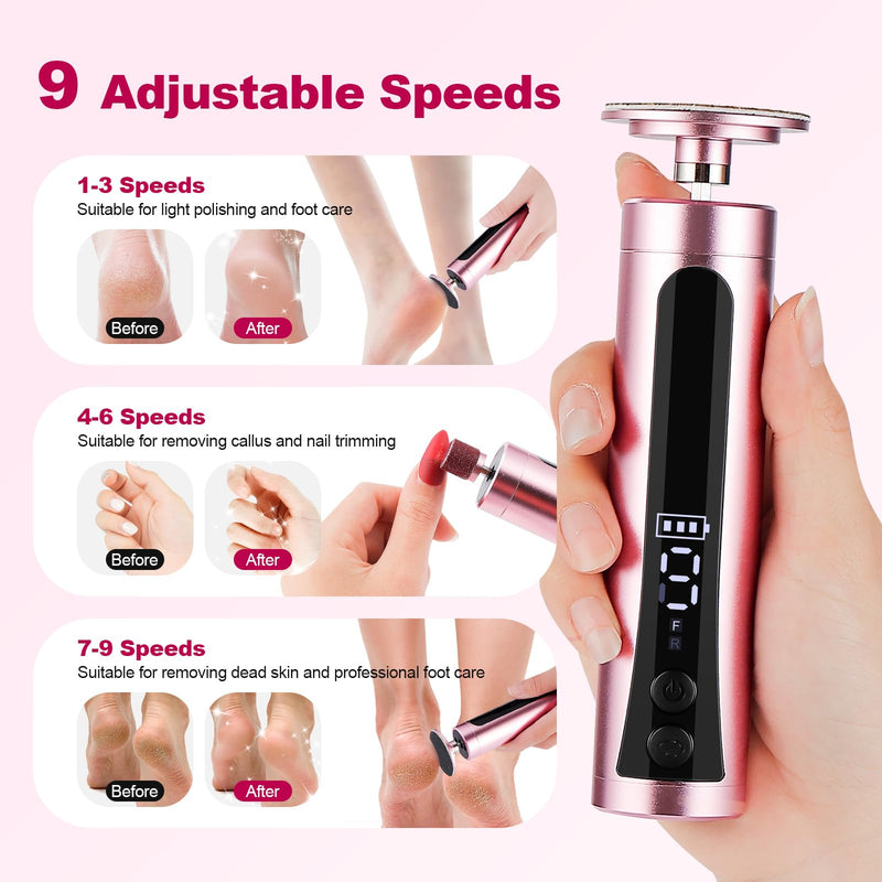 Rechargeable Callus Remover for Feet: Electric 2-in-1 Pedicure Tools - Foot File Grinder LCD Display 9 Adjustable Speeds 2 Sanding Heads 30 Sanding Paper Rose Rechargeable - BeesActive Australia