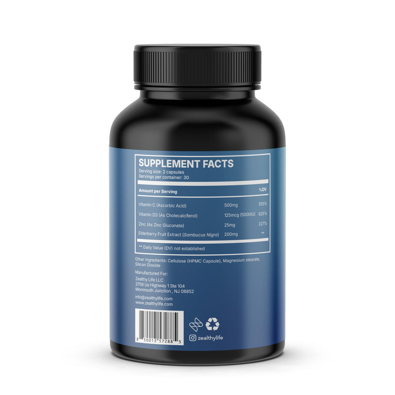 Immune Support Capsules for Adults with Elderberry, Vitamin C, Vitamin D3 & Zinc – Daily Immune Defense Supplement | Zealthy Life | 60 Capsules