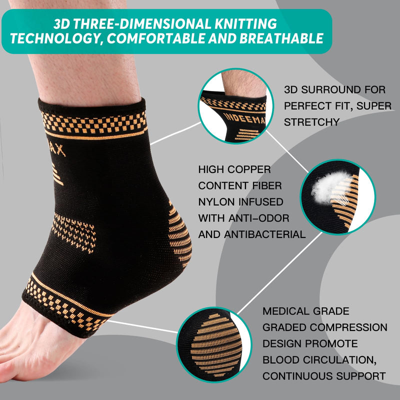 INDEEMAX Copper Ankle Brace for Men and Women, Ankle Compression Sleeve Ankle Support Brace for Sprained Ankle, Plantar Fasciitis, Running, Foot Pain Relief, Achilles Tendonitis (L) Golden Black Large - BeesActive Australia