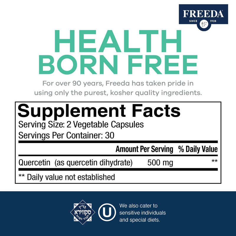 FREEDA Quercetin 500mg - Pure Quercetin Supplement for Histamine & Immune Support, Heart Health & Antioxidant Benefits - Gluten Free, Vegan Health Supplement for Adults Kosher Certified (60 Capsules)