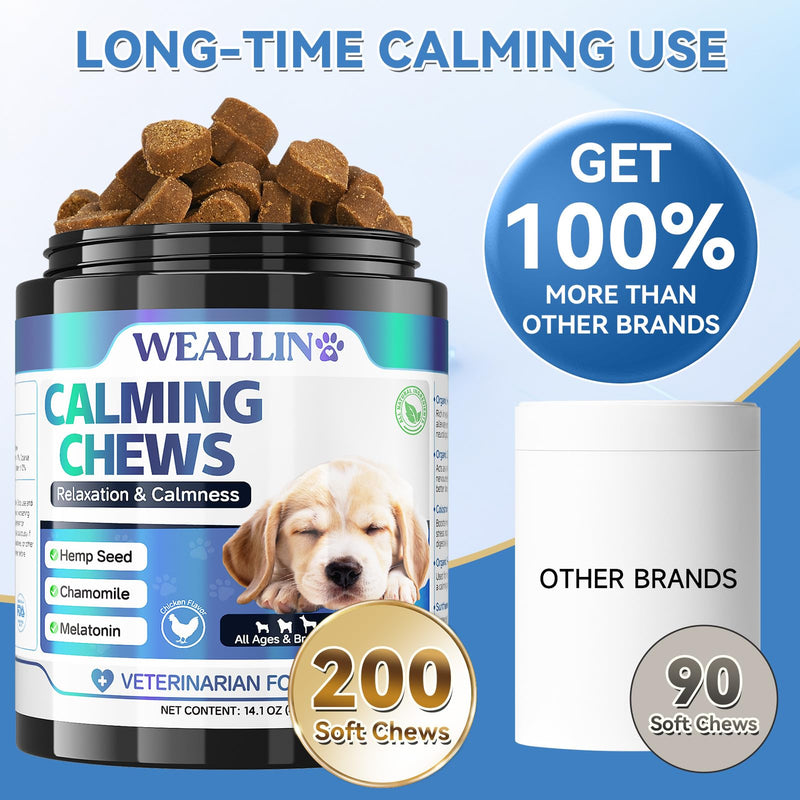 WEALLIN Calming Chews for Dogs, Dog Calming Chews with Organic Hemp Seed Oil & Powder, Soft Calming Treats for Stressful Moments, Travel, Thunder, Fireworks, Chicken Flavor, 200 Chews