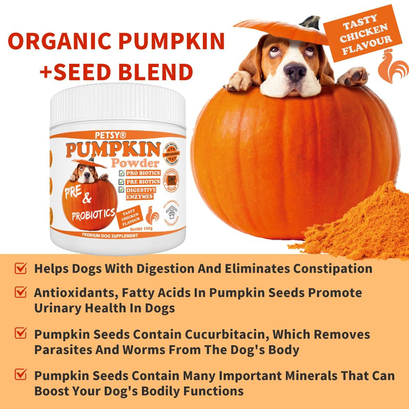 Pumpkin Powder for Dogs Digestive Supplement for Anal Gland Dog Diarrhea Treatment Prebiotics Probiotics for Dogs UK Dog Food Topper, Puree Powder Tasty Chicken Flavour
