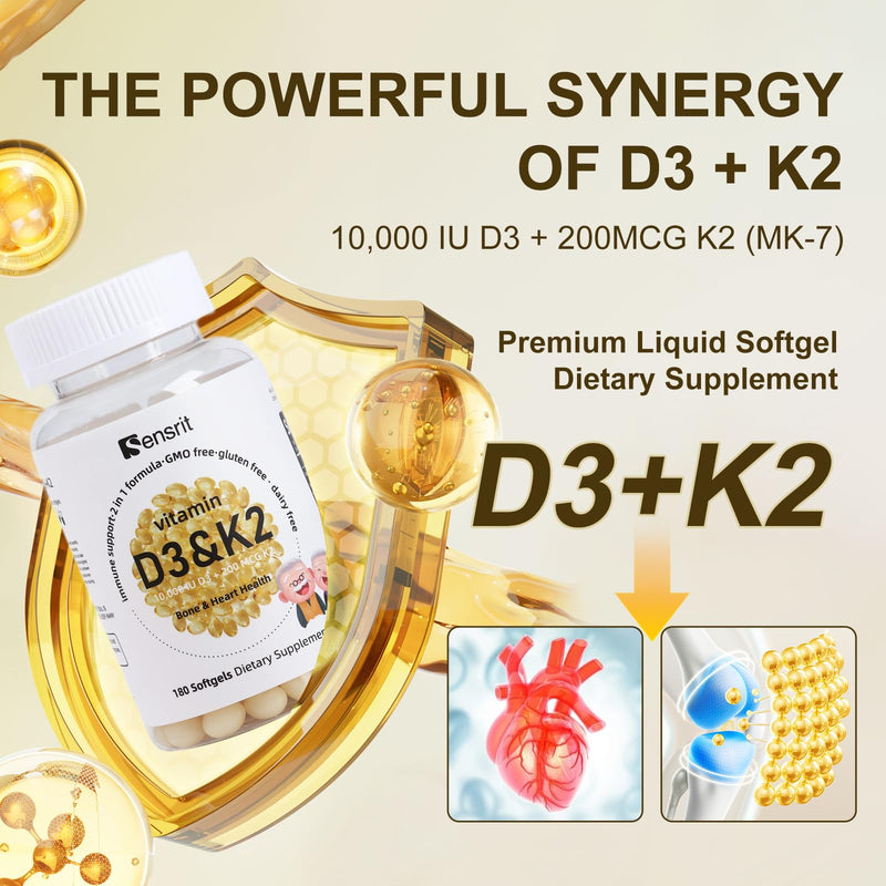 Vitamin D3 K2 Supplement 10,000 IU - High Potency Vitamin D3 with 200 mcg Vitamin K2 MK7-180 Small Softgels for Bone Health, Heart Support & Immune Boost - Non-GMO & Gluten-Free