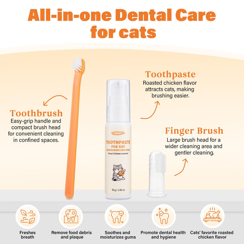 UNEK Cat Dental Care Kit - Enzymatic Toothpaste 30g Roast Chicken Flavour with Toothbrush & Finger Brush, Helps Reduce Plaque & Bad Breath