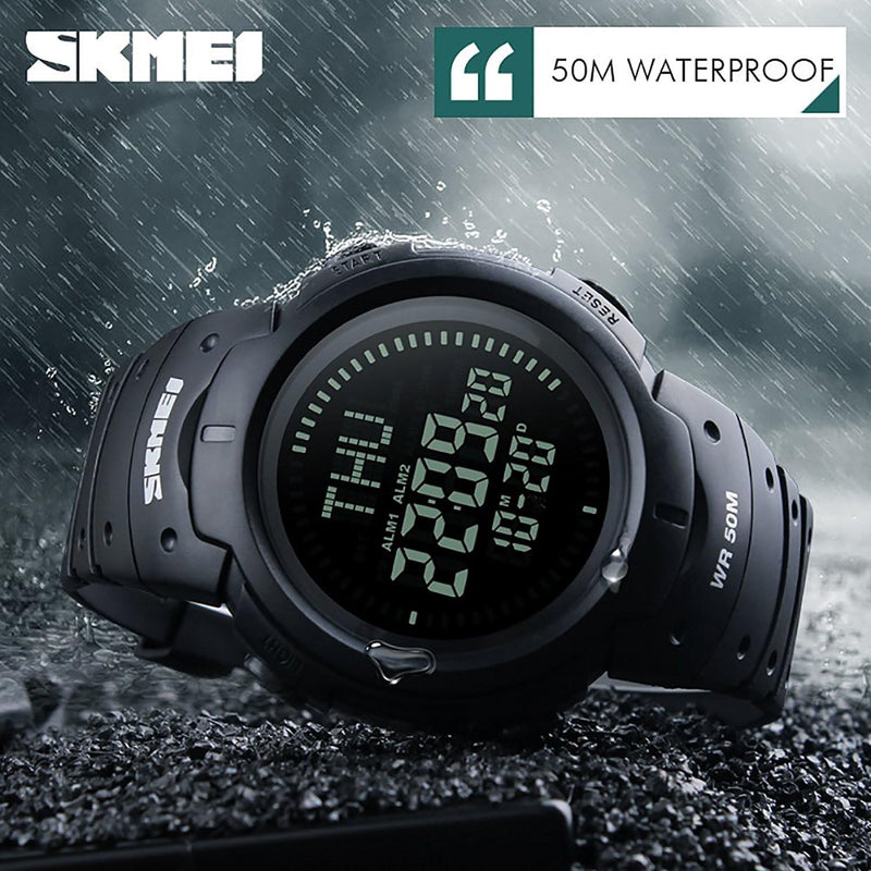 Men’s Military Sports Digital Watch with Survival Compass 50M Waterproof Countdown 3 Alarm Stopwatch Black