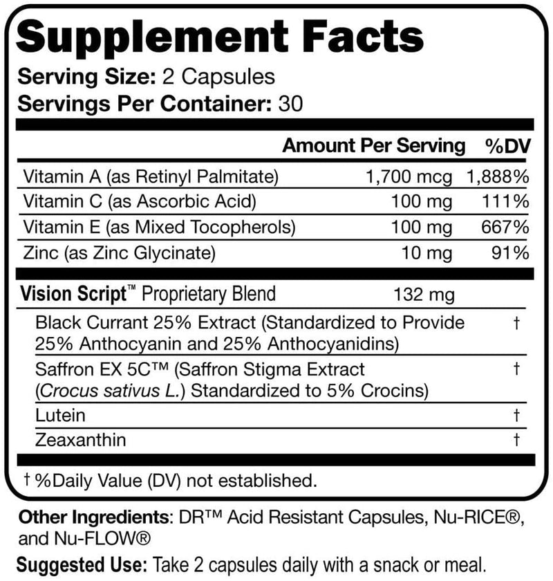 Vision Script: Saffron Lutein Zeaxanthin Macular Retinal Eye Health | Suzy Cohen saffron, black currant, lutein, zeaxanthin, vitamins C and zinc glycinate for macular and retinal eye support