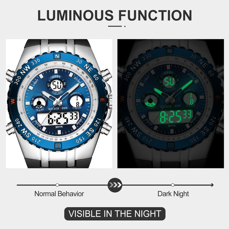 GOLDEN HOUR Luxury Military Sports Men's Watches Large Size Big Face 3ATM Waterproof, Stopwatch, Date and Date, Alarm, Luminous Digital Analog Wrist Watch with Rubber Band silver blue