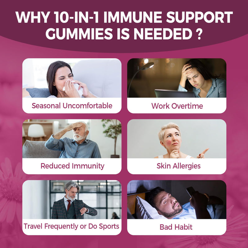 Immune Support Supplement Gummies, w/Echinacea, Elderberry, Vitamin C, Zinc | 10 IN 1 Daily Immune Booster Multivitamin, w/Vitamin D3 5000IU, Magnesium, Selenium, for Antioxidant Bone Energy, 1 Pack 60 Count (Pack of 1)
