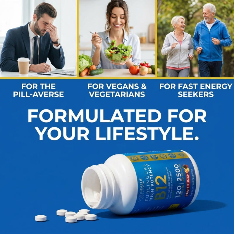 Vitamin B12 Sublingual: High Potency, Vegan B-12 with Methylcobalamin 120ct | Energy Boosting, Quick Dissolve Tablets for Metabolic & Brain Support with Refreshing Fruit Punch Flavor