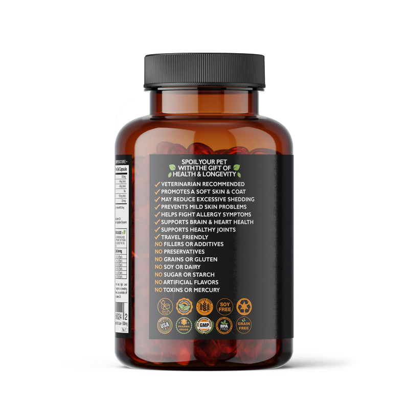 Wild Alaskan Salmon Oil for Dogs and Cats | Omega 3 Fish Oil Soft Gel Capsules | Skin and Coat, Joint and Heart Support | 500mg EPA DHA | 60 Count