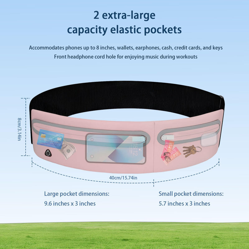 Slim Running Belt with 2 Pockets for Phone, Adjustable Waist Belt Bag for Women/Men,Ultra Light Adult Fanny Pack, Waist Pack for Running Hiking Yoga Travel Cycling, Pink