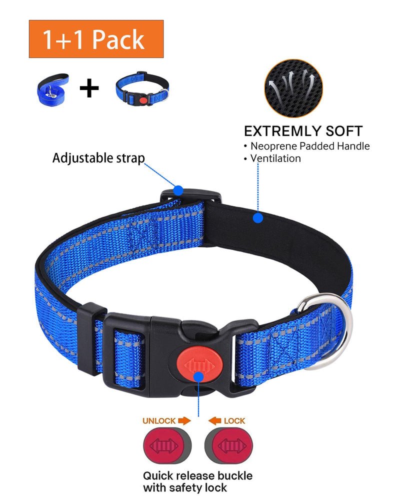 Aeclleca Reflective Dog Collar and Leash Set with Safety Locking Buckle，Adjustable Soft Nylon Pet Collars for Small Medium Dogs (Blue, XS) Blue - BeesActive Australia