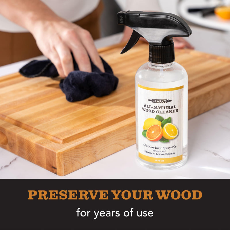 CLARK'S Natural Cutting Board Spray Cleaner, with Microfiber Cloth, for Wood Countertop – Pure Ingredients Filtered Water, Distilled Vinegar, Castile Soap, Lemon & Orange Citrus Oil Extracts, 12oz - BeesActive Australia