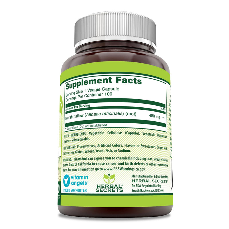 Herbal Secrets Marshmallow Extract Supplement | 480 Mg | 100 Veggie Capsules | Non-GMO | Gluten Free | Made in USA