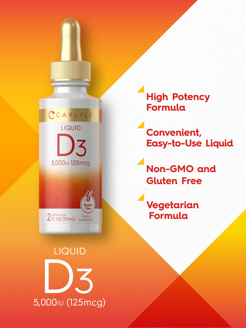 Carlyle Liquid Vitamin D3 | 5000 IU (125 mcg) | 2 oz | Vegetarian, Non-GMO, and Gluten Free Supplement | Vitamin D Liquid Drops for Adults 2 Fl Oz (Pack of 1)