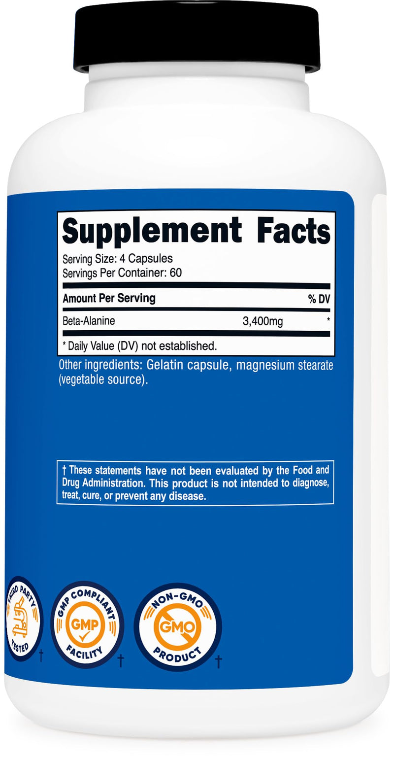 Nutricost Beta-Alanine Capsules 3400mg, 240 Capsules, 60 Servings | Potent Beta Alanine, Gluten Free & GMO-Free, 850mg Per Cap 240 Count (Pack of 1)
